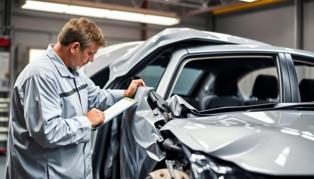 Image of a damaged vehicle being inspected for diminished value